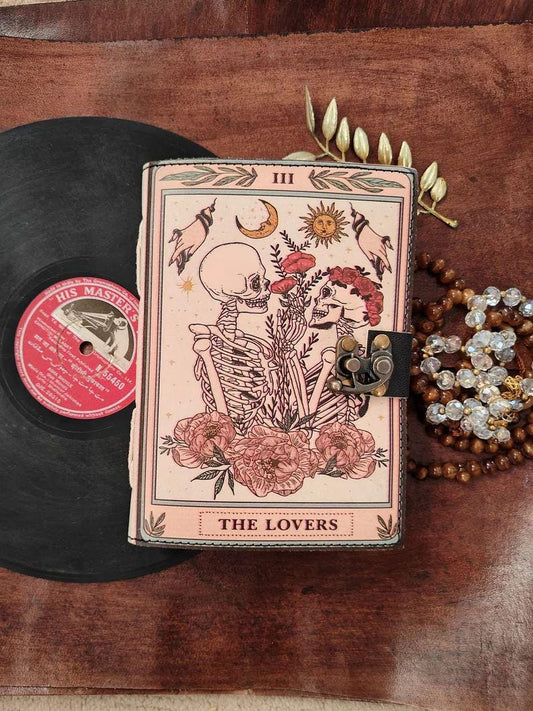 The Lovers Tarot Notebook Leather Gothic Book of Spells Grimoire Printed Journal Notebook Skull lover Antique Journals gifts for men - women