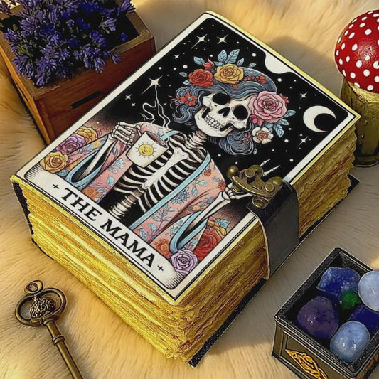 Gothic Skeleton Tarot Journal – The Mama Grimoire Notebook with Lock | Witchy Leather Sketchbook, Occult Gift, Gothic Stationery