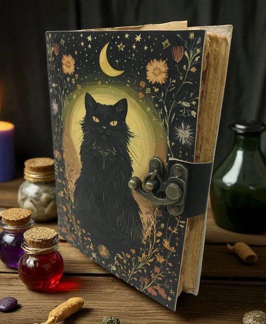Leather Spell Book of Shadows: Cat Journal Celestial Cat Spellbook