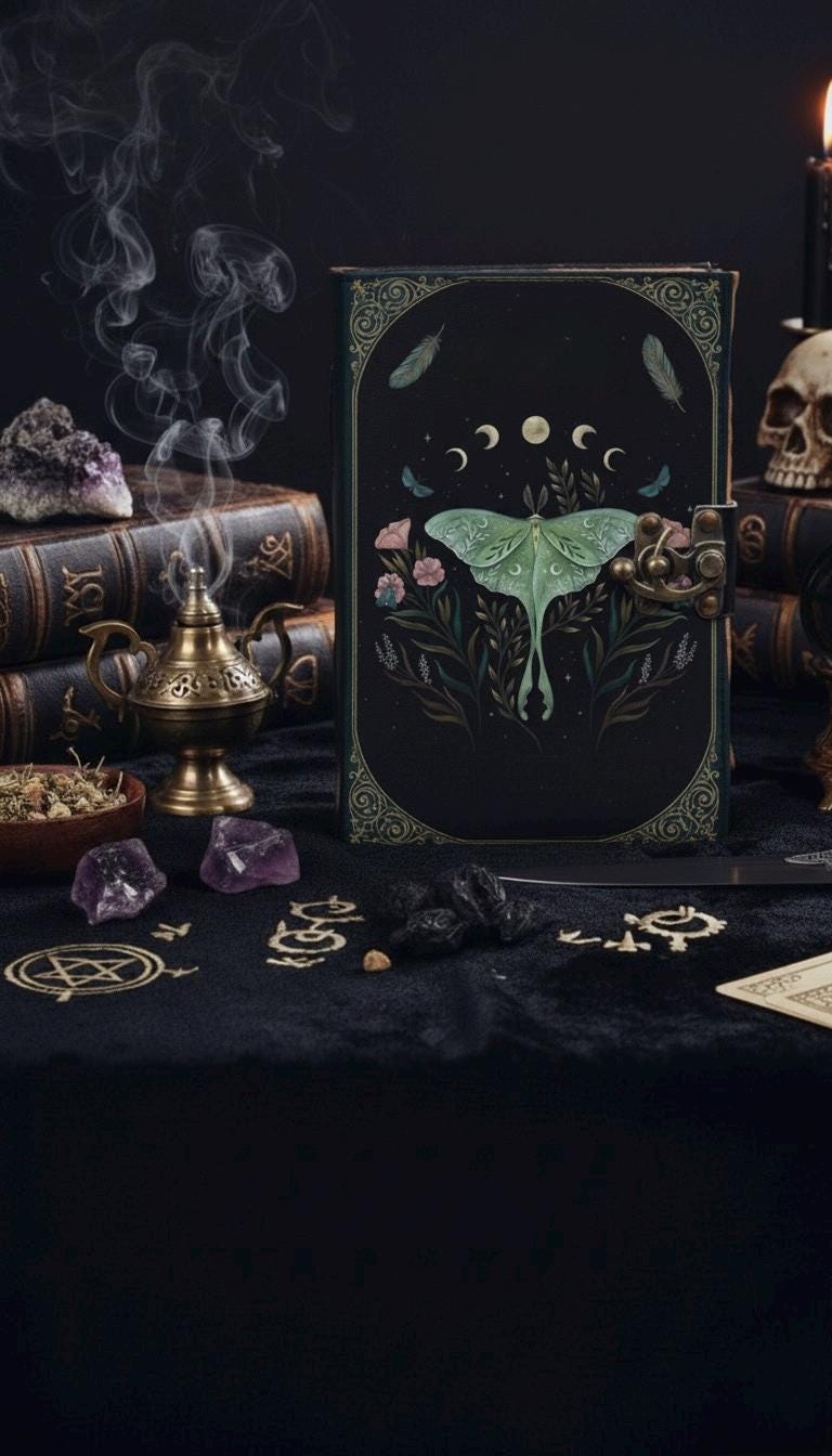 400 Page Luna Moth Grimoire – Handmade Spell Book with Lock | Personalized Wiccan Leather Journal with Deckle Pages | Witchy Gift