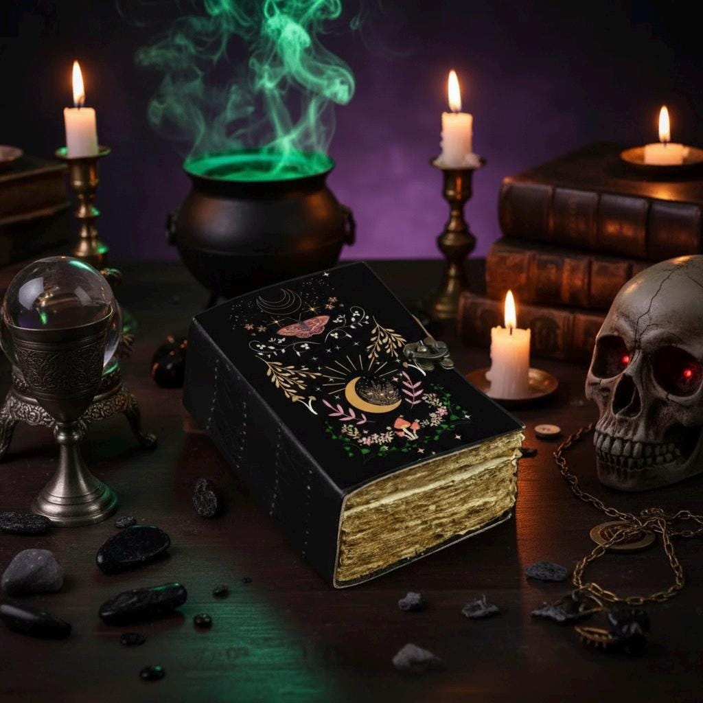 Floral Luna Moth Journal – Celestial Leather Grimoire | Handmade Book of Shadows | Witchy Mushroom Journal | Moon Phase Spell Diary