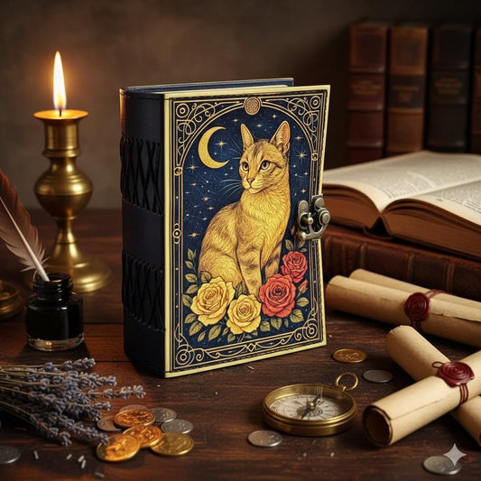 Leather Grimoire Journal: Cat Print Book of Shadows Magic Leather Journal, Spell book Magic Cat Journal Halloween Gifts