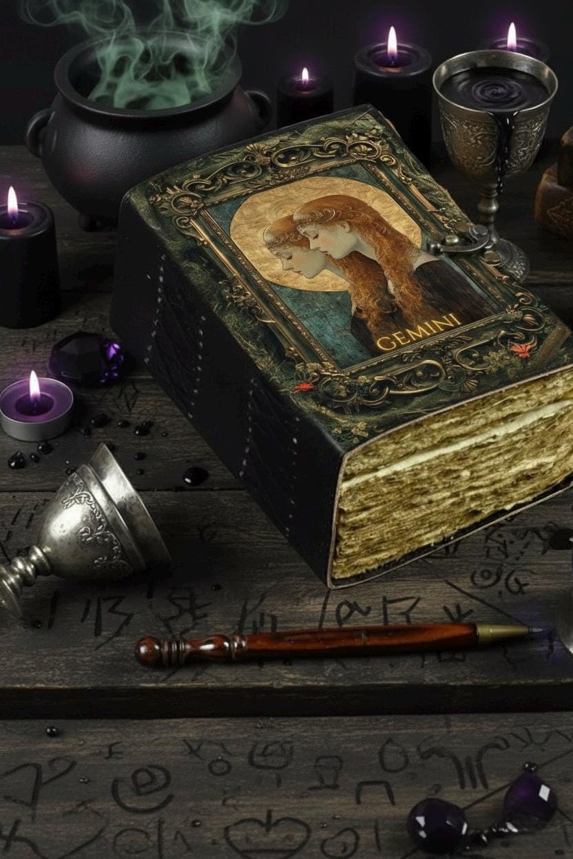Gemini Grimoire Vintage leather journal, Zodiac Leather Journal, Blank spell book of shadows Birthday Gifts For Him Her