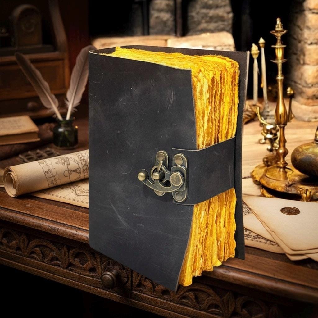 Black Vintage leather Journal - spell Book of shadows, Grimoire Journal, Travel Writing Notebook, Antique Deckle Edge Paper Lock Closure