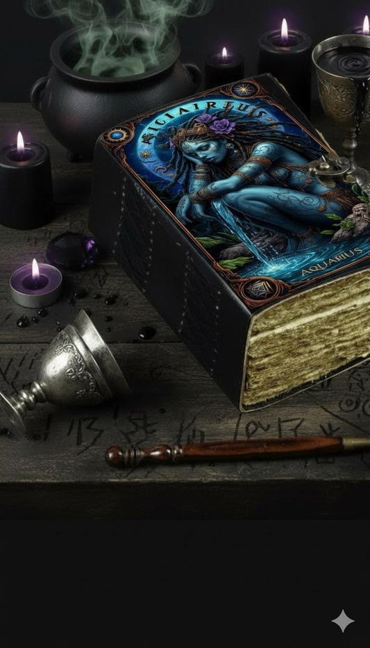 Aquarius Grimoire Vintage leather journal, Zodiac Leather Journal, Blank spell book of shadows Birthday Gifts For Him Her
