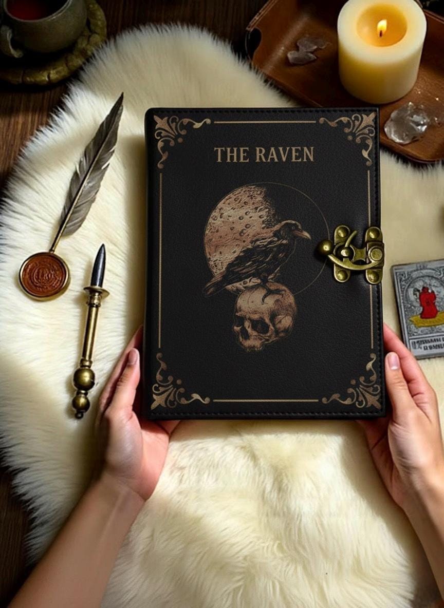 400 Page Large Raven Grimoire Vintage leather journal, Raven Leather Journal, Blank spell book of shadows Halloween Gifts For Him Her