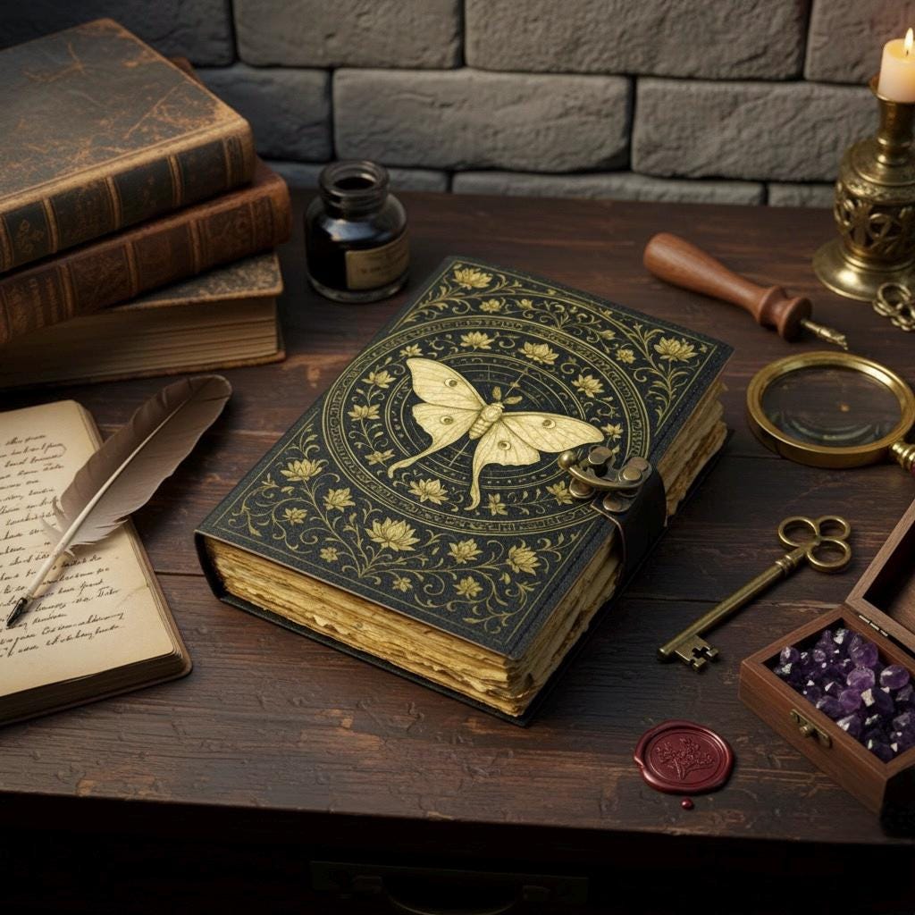 Luna Moth Grimoire – Handmade Spell Book with Lock | Personalized Wiccan Leather Journal with Deckle Pages | Witchy Gift