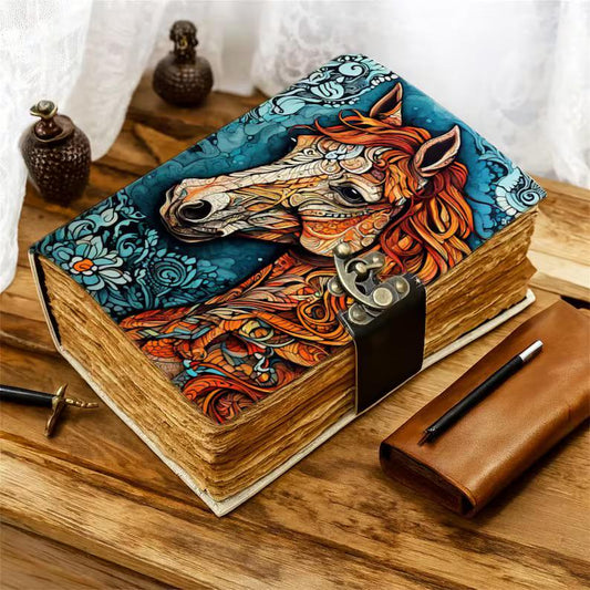 Horse Leather Journal with Lock Handmade Vintage Diary with Deckle Edge Paper, Book of Shadows Spell Book Grimoire Sketchbook Gift