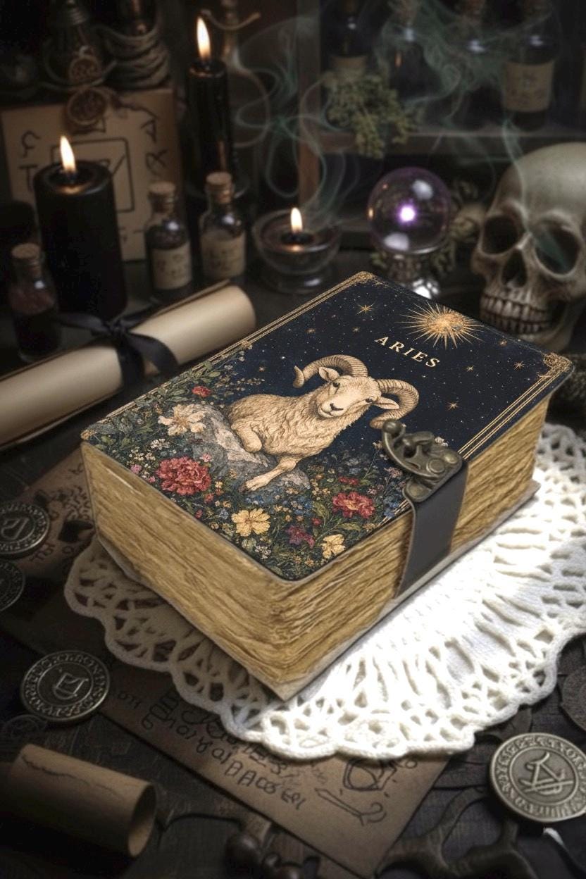 Aries Grimoire Vintage leather journal, Zodiac Leather Journal, Blank spell book of shadows Birthday Gifts For Him Her