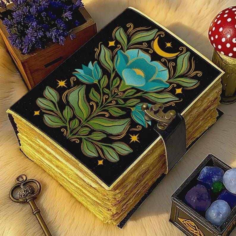 Handmade Leather Journal with Flower Design Starry Inspired Notebook Vintage Writing Diary with Deckle Edge Paper Boho Artistic Gift