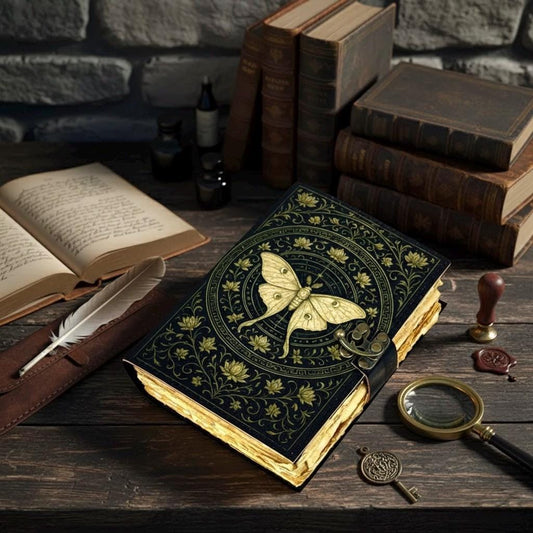 Luna Moth Grimoire – Handmade Spell Book with Lock | Personalized Wiccan Leather Journal with Deckle Pages | Witchy Gift