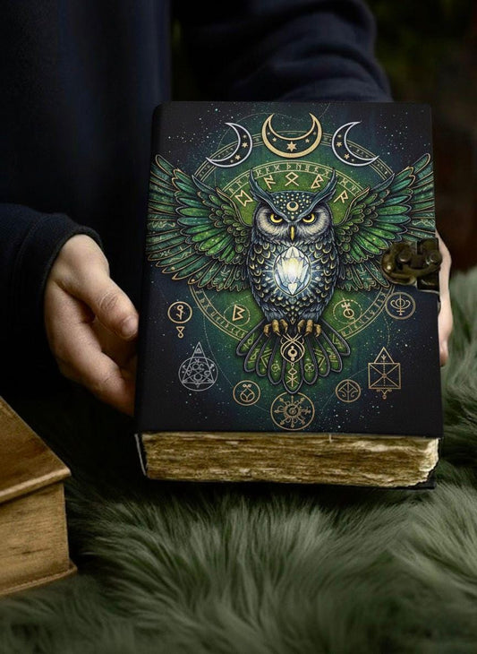 Owl Grimoire Leather Journal: Gothic Blank Book of Shadows