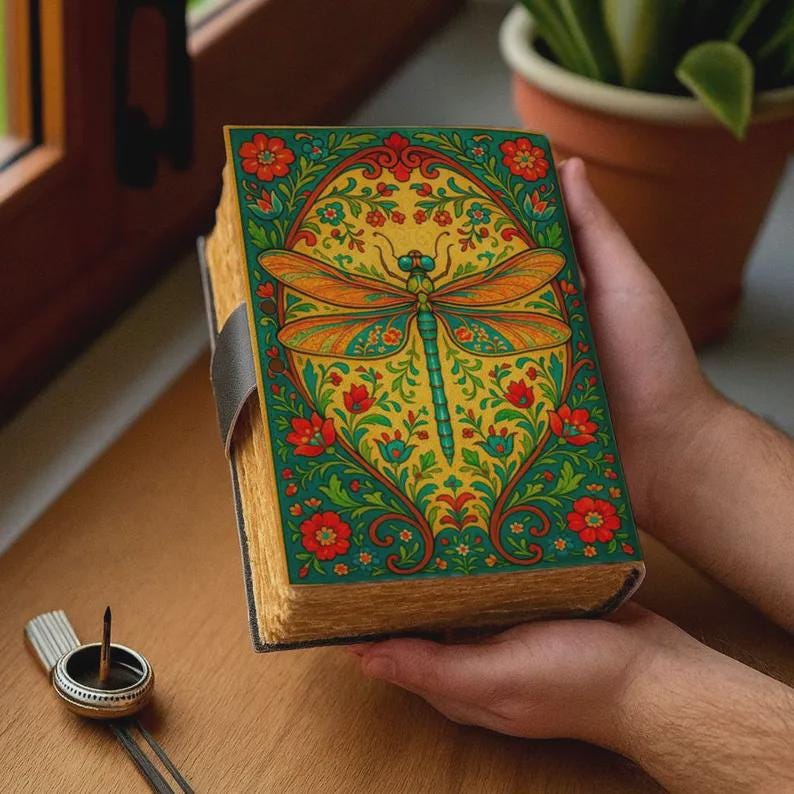 Dragonfly Leather Journal with Lock Handmade Vintage Writing Notebook Floral Diary, Sketchbook, Gift for Writers & Artists
