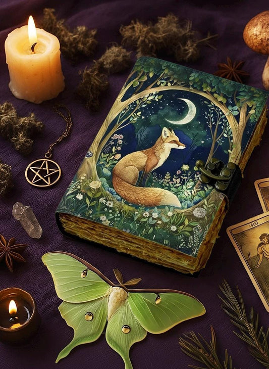 Fox Leather Grimoire Journal – Handmade Spell Book of Shadows, Vintage Witchcraft Spellbook, Wiccan Pagan Gothic Magic Diary Gift