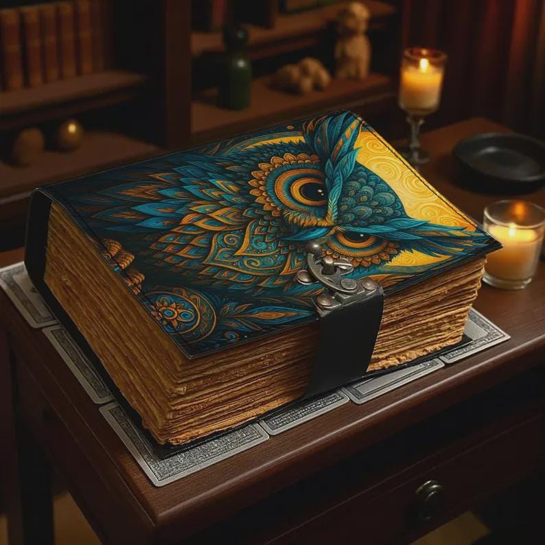 200 Page Owl Grimoire Journal – Blank Book of Shadows | Leather Spell Book of Wisdom | Handmade Witchy Sketchbook Moon Magic Tarot Notebook