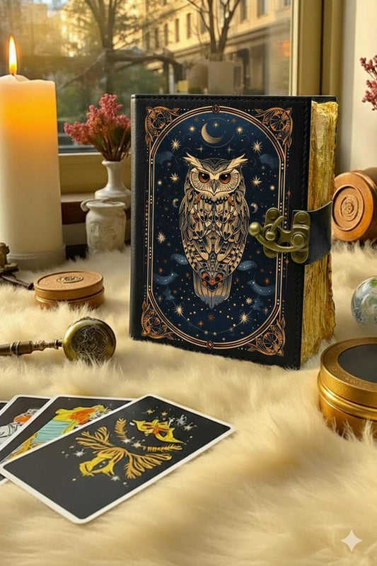 200 Page Owl Grimoire Journal – Blank Book of Shadows | Leather Spell Book of Wisdom | Handmade Witchy Sketchbook Moon Magic Tarot Notebook