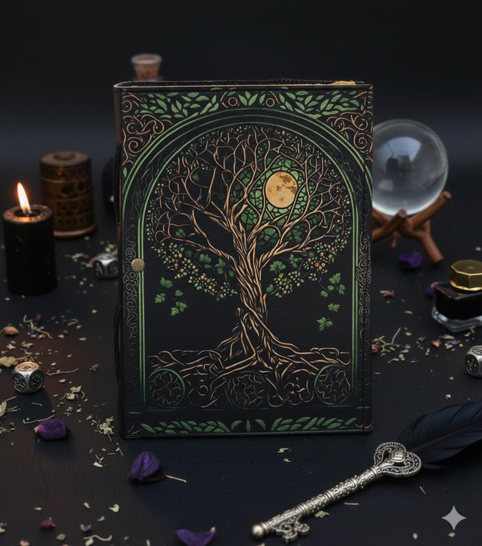 Tree of Life Grimoire β Leather Book of Shadows with Moon Phases | Handmade Witchcraft Spell Book | Celestial Journal for Gifts