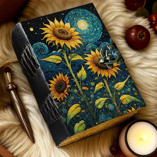 Handmade Leather Journal with Sunflower Design Starry Inspired Notebook Vintage Writing Diary with Deckle Edge Paper Boho Artistic Gift