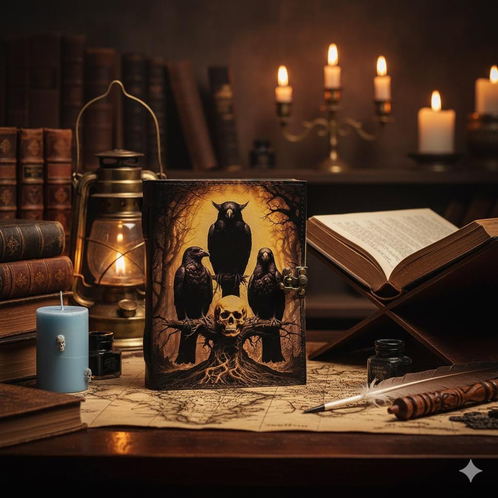 Gothic Raven Journal β Leather Book of Shadows | Dark Poetry Grimoire | Handmade Diary | Witchy Writing Notebook Halloween gift