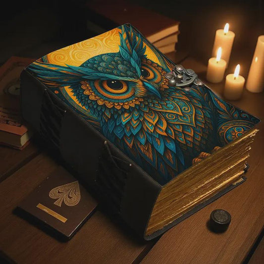 200 Page Owl Grimoire Journal – Blank Book of Shadows | Leather Spell Book of Wisdom | Handmade Witchy Sketchbook Moon Magic Tarot Notebook