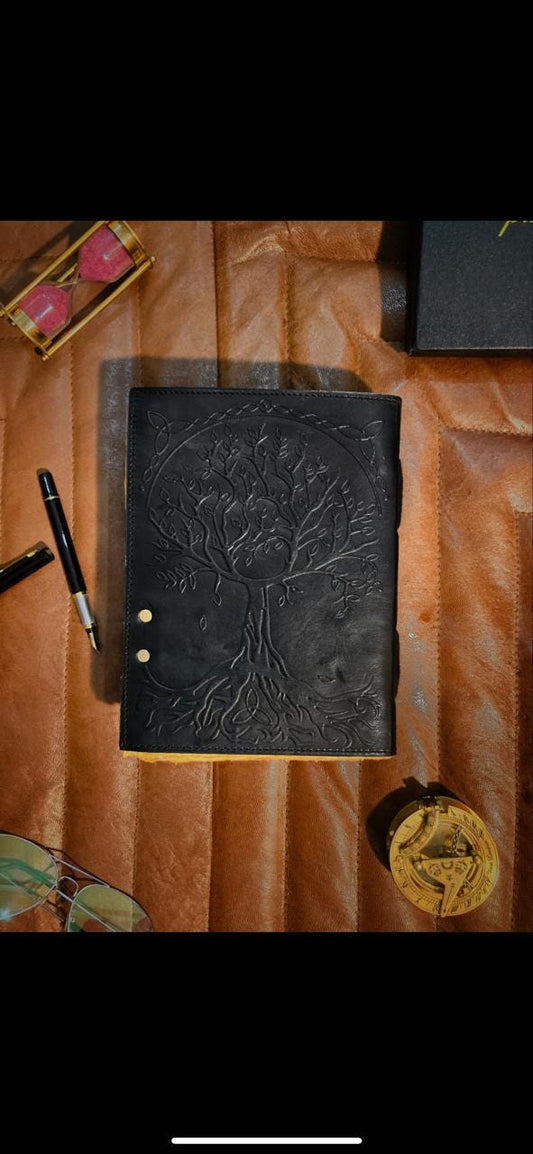Seven Stone Tree of Life Leather Journal: Embossed Grimoire, Blank Book of Shadows