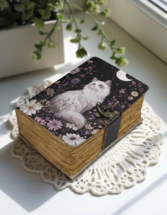 Book of shadows leather journal, Print Cat Journal, Blank spell Grimoire Leather Celestial Halloween Gifts For Him Her