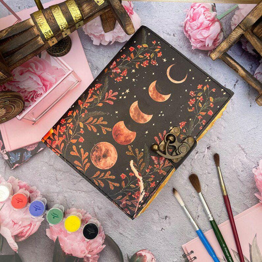 Grimoire Vintage leather journal, Moon Phase Handmade Fat Journal, Blank spell book of shadows Celestial Gifts For Him Her