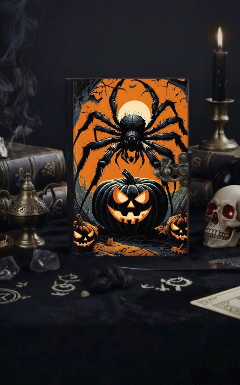 Spider Halloween Pumpkin Spell Book of Shadows leather journal, Spider Leather Journal, Grimoire Halloween Gifts For Him Her