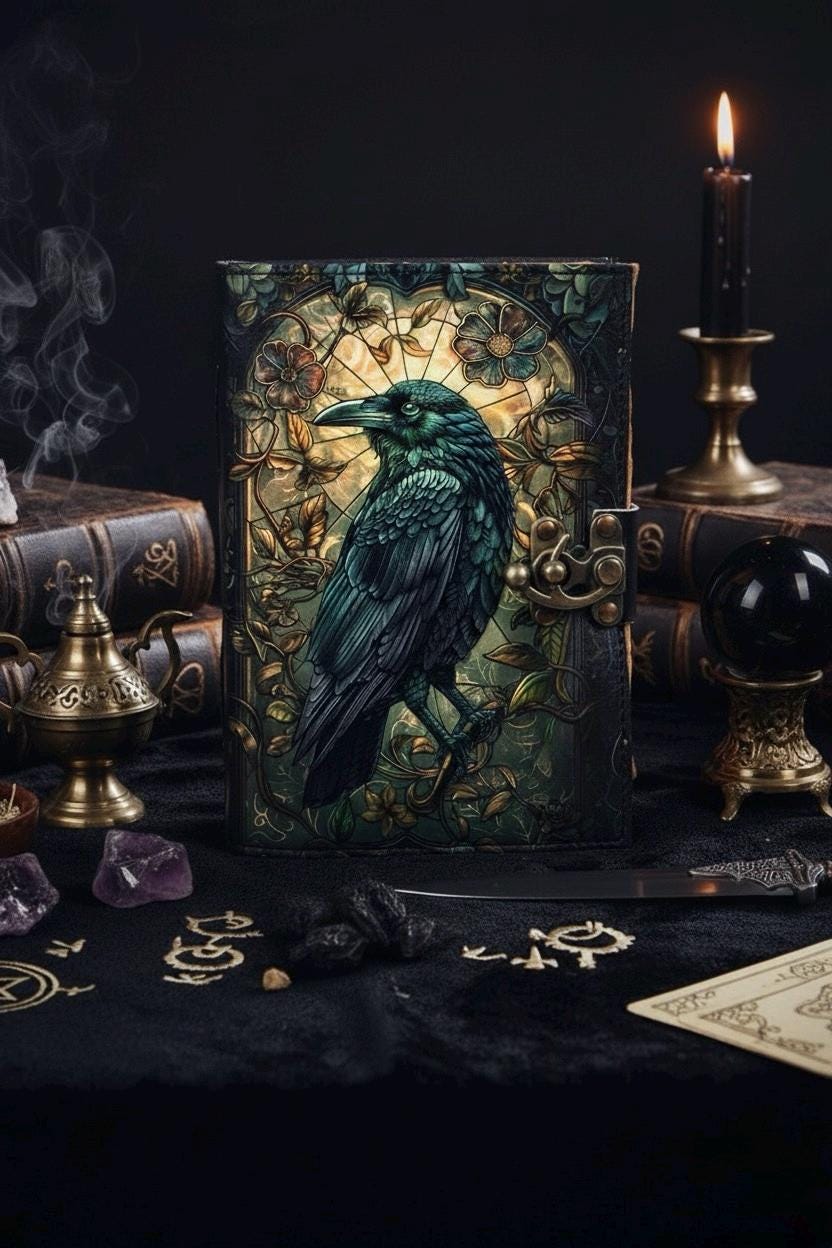 The Raven Leather Journal: Gothic Grimoire Book of Shadows Spell Book Witchcraft Leather Journal, Crow Magic Journal Gift for Halloween