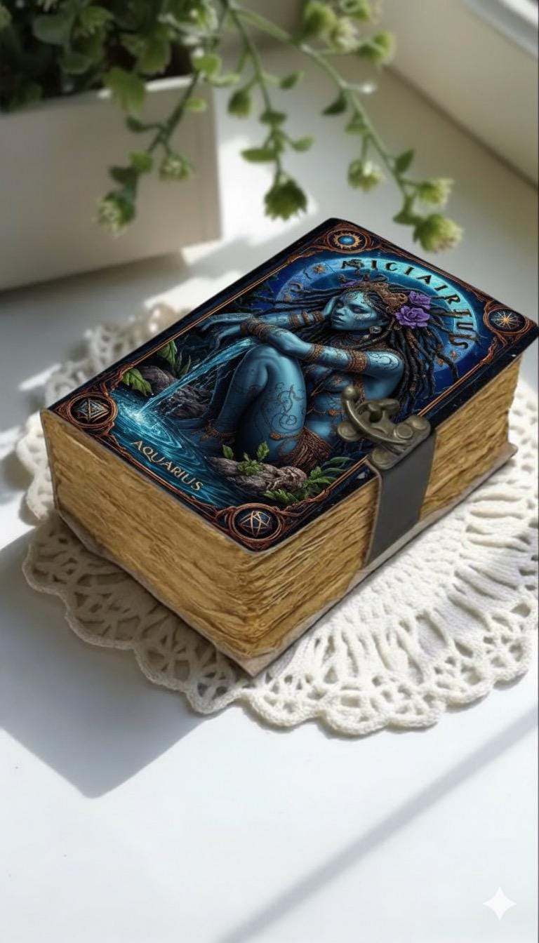 Aquarius Grimoire Vintage leather journal, Zodiac Leather Journal, Blank spell book of shadows Birthday Gifts For Him Her