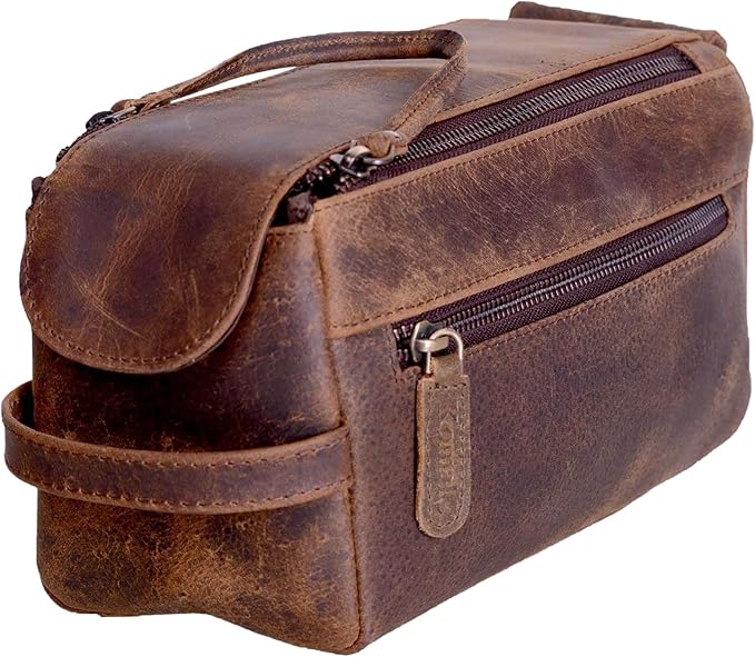 Premium Buffalo Leather Toiletry Bag for Men & Women – Leather Dopp Kit With Water resistant Lining, Premium Toiletry Travel Pouch, Unisex Wash Bag for Toiletries, Gifts for Men and Women