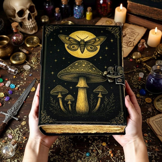 Mushroom Leather Journal, Fairy Luna Moth With Moon Grimoire Notebook, Witchcraft Book Spell Book of Shadows Gifts for Women