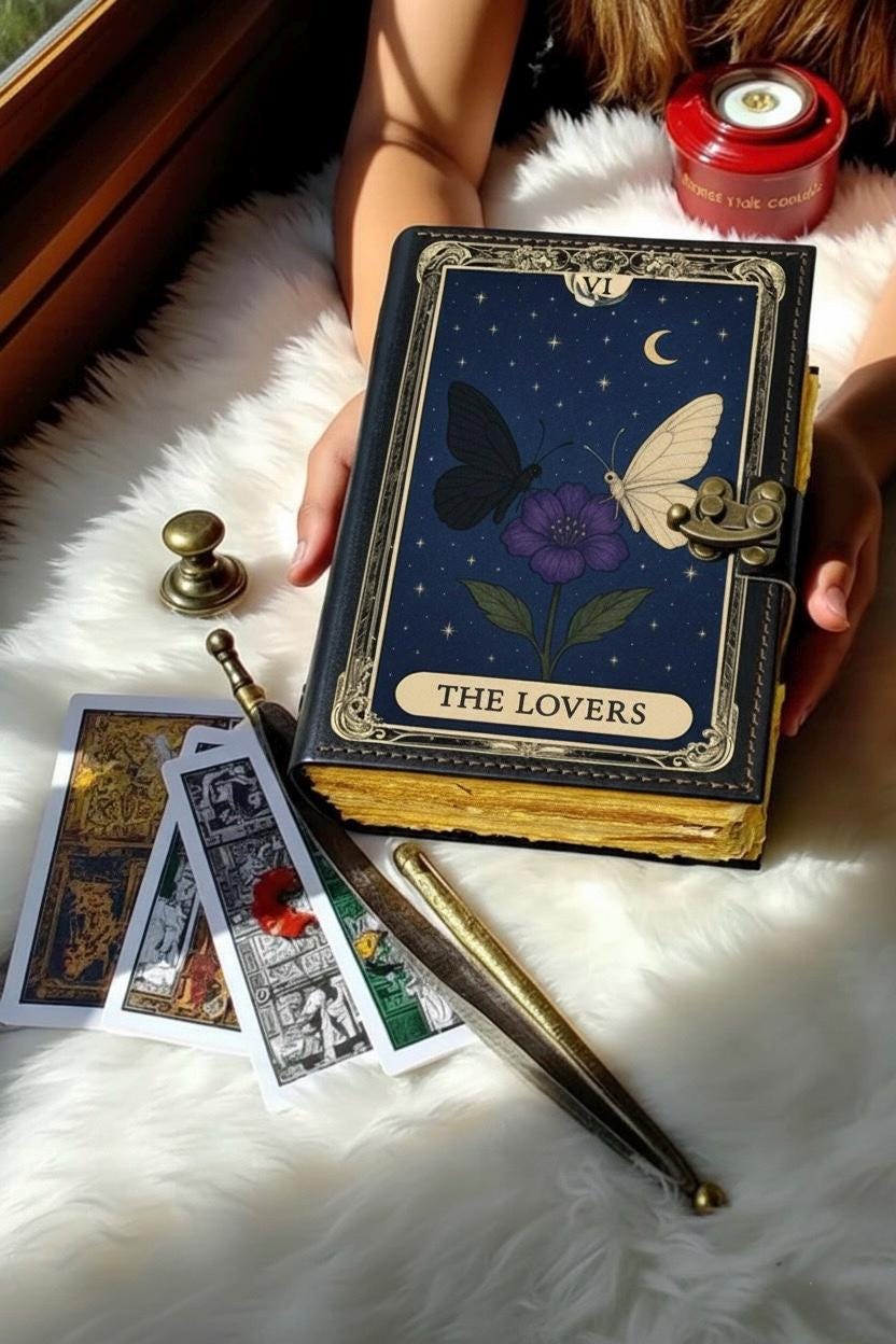 Grimoire Vintage leather journal, The Lovers Handmade Fat Journal, Blank spell book of shadows Celestial Lover Gifts For Him Her
