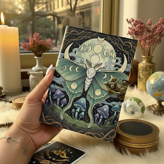 Luna Moth Leather Journal Gothic Grimoire Book of Shadows Vintage Luna Mushroom Spell book Witchcraft Journal Moon Phase gifts for Christmas