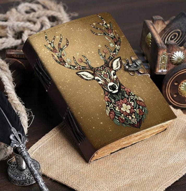 Deer Vintage Magical leather Journal Grimoire Witchcraft Blank spell book of shadows Christmas Celestial Gifts