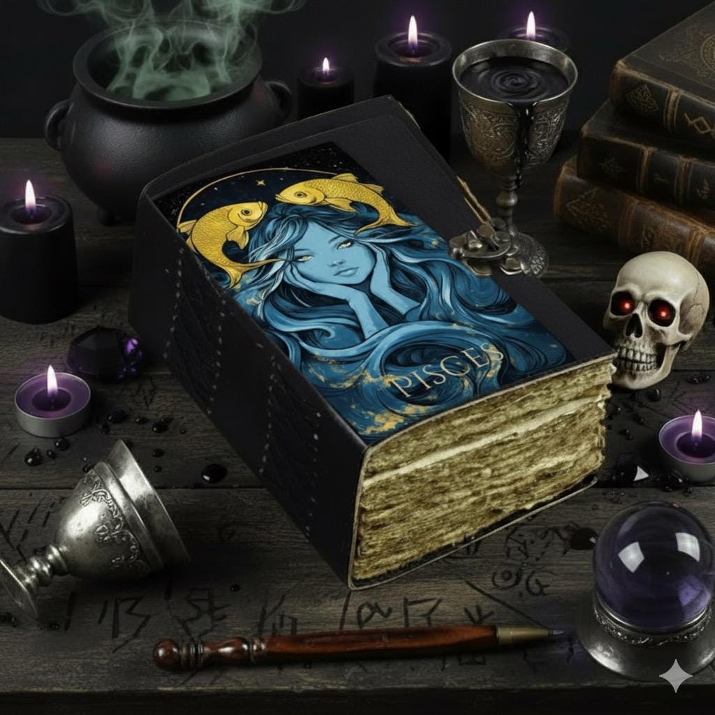 Pisces Grimoire Vintage leather journal, Zodiac Leather Journal, Blank spell book of shadows Birthday Gifts For Him Her
