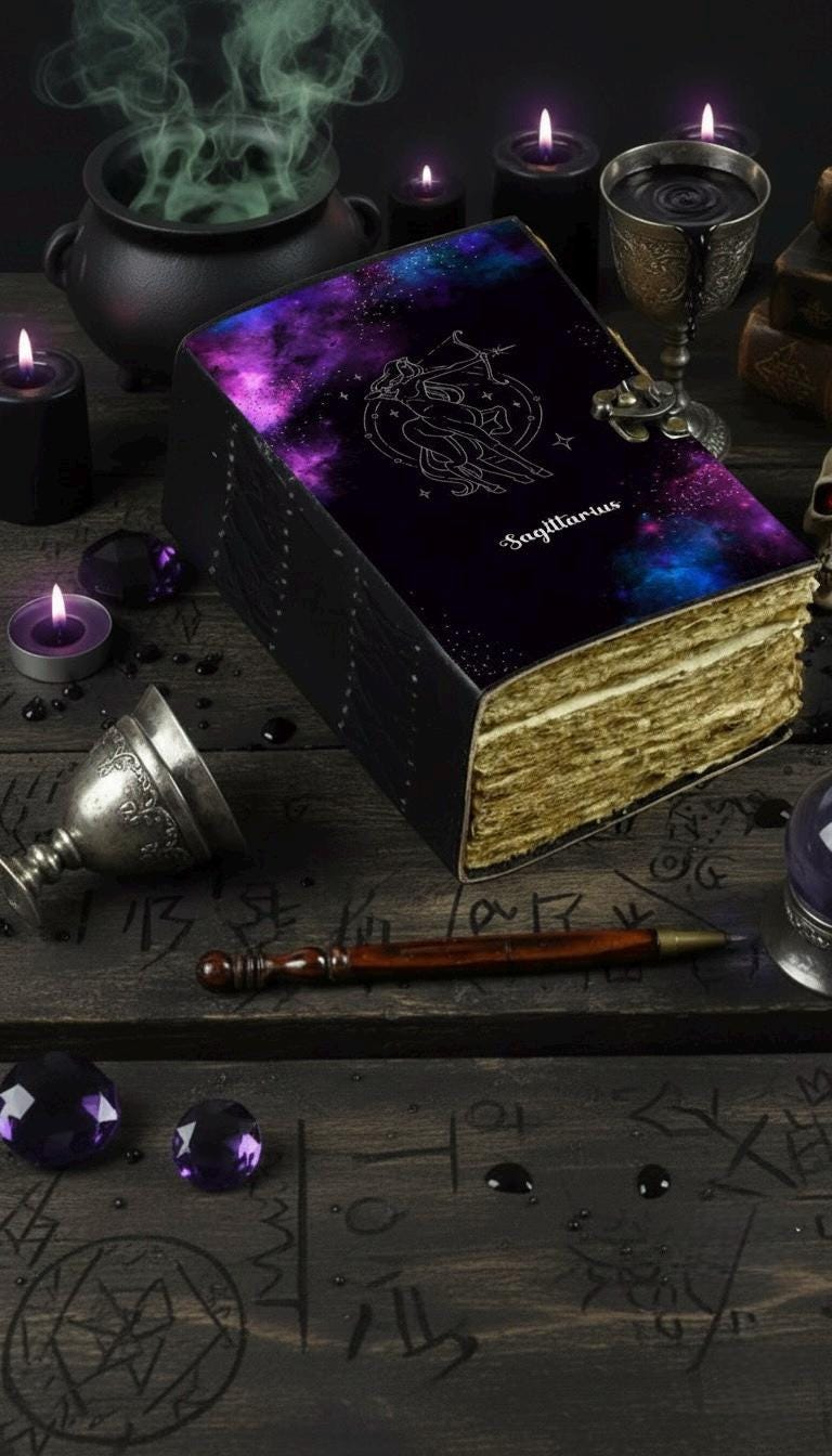 Sagittarius Grimoire Vintage leather journal, Zodiac Leather Journal, Blank spell book of shadows Birthday Gifts For Him Her
