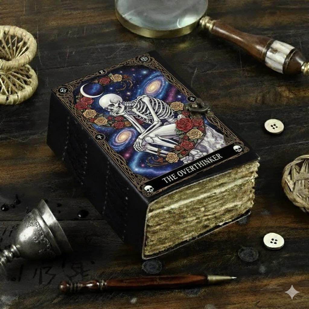 Overthinker Grimoire Leather Journal -Gothic Tarot Notebook -Blank Spell Book of shadows Handmade Sketchbook 200β400 Pages | Witchy Journal