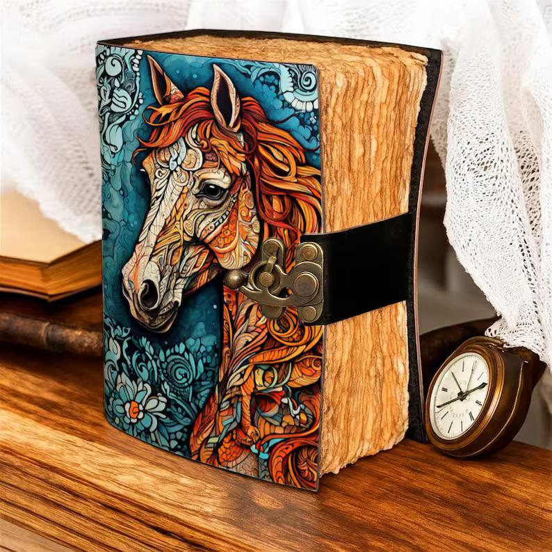 Horse Leather Journal with Lock Handmade Vintage Diary with Deckle Edge Paper, Book of Shadows Spell Book Grimoire Sketchbook Gift