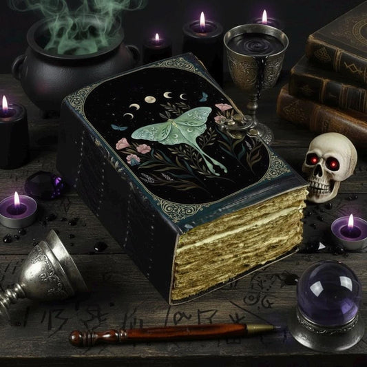 400 Page Luna Moth Grimoire – Handmade Spell Book with Lock | Personalized Wiccan Leather Journal with Deckle Pages | Witchy Gift