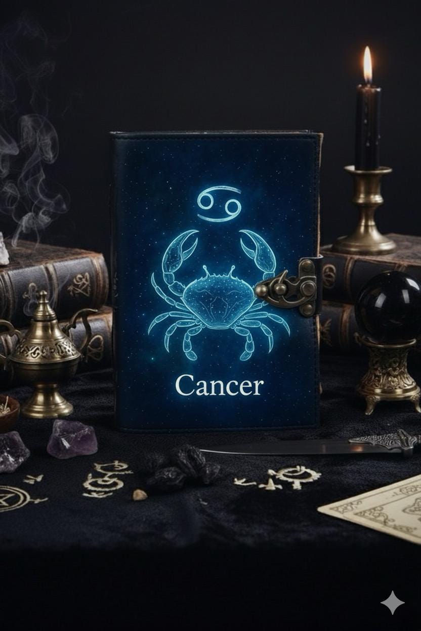 Cancer Grimoire Vintage leather journal, Zodiac Leather Journal, Blank spell book of shadows Birthday Gifts For Him Her