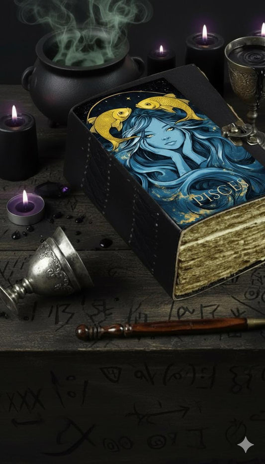 Pisces Grimoire Vintage leather journal, Zodiac Leather Journal, Blank spell book of shadows Birthday Gifts For Him Her