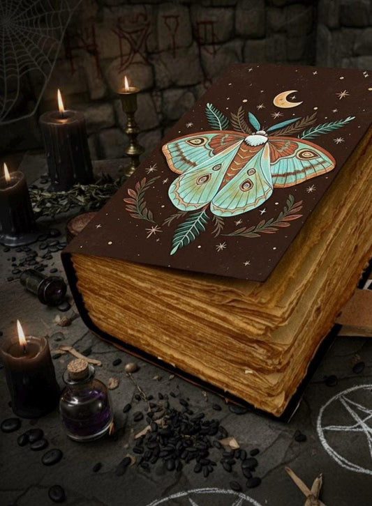Floral Luna Moth Journal – Celestial Leather Grimoire | Handmade Book of Shadows | Witchy Garden Sketchbook | Full Moon Spell Diary