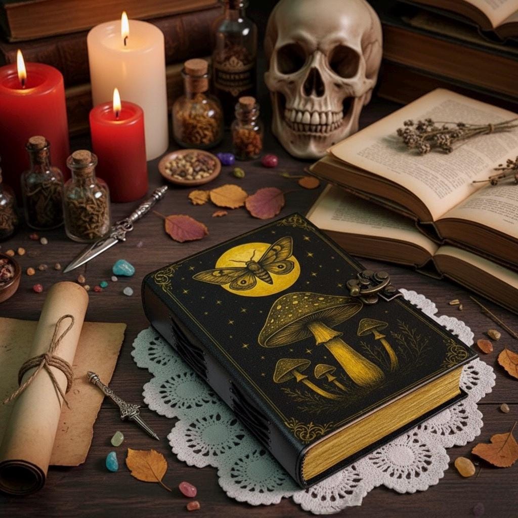 Mushroom Leather Journal, Fairy Luna Moth With Moon Grimoire Notebook, Witchcraft Book Spell Book of Shadows Gifts for Women