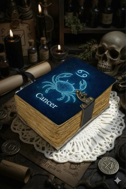 Cancer Grimoire Vintage leather journal, Zodiac Leather Journal, Blank spell book of shadows Birthday Gifts For Him Her