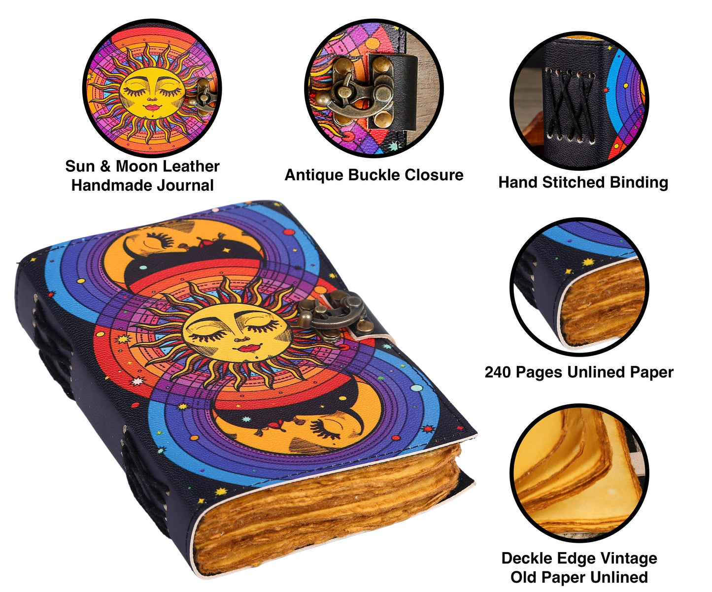 Sun Moon Grimoire Vintage leather journal, Moon Leather Journal, Blank spell book of shadows Halloween Gifts For Him Her