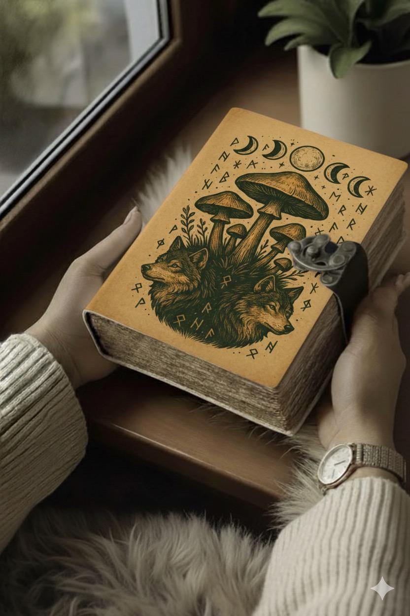 Mushroom Grimoire Leather Journal - Moon Phase Book of Shadows Notebook - Blank Spell Book Fox Leather Journal Gifts for Women