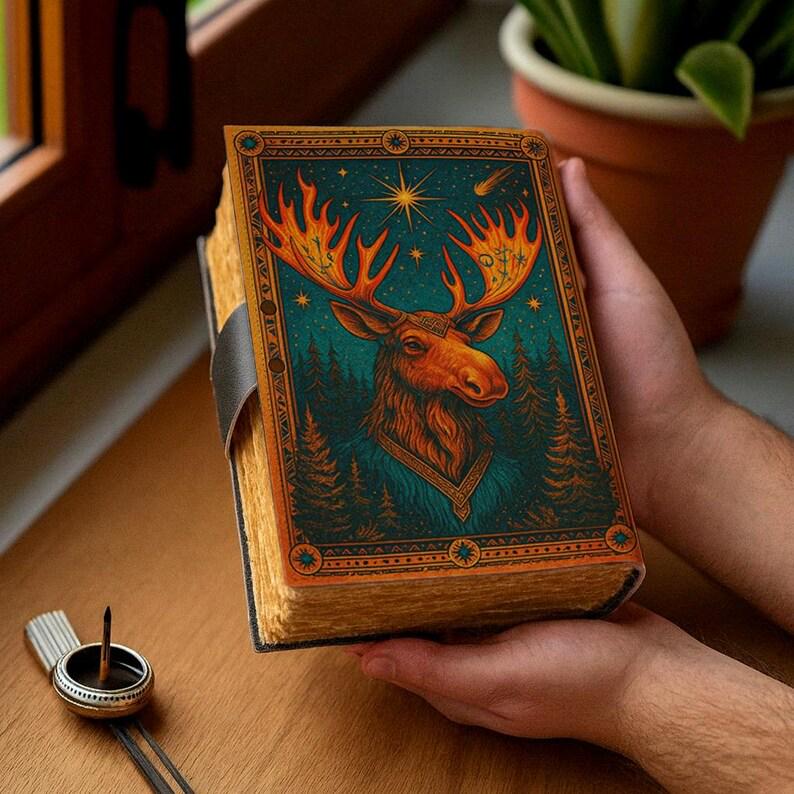 Moose/Deer Grimoire Vintage leather journal, Deer Leather Journal, Blank spell book of shadows Halloween Gifts For Him Her