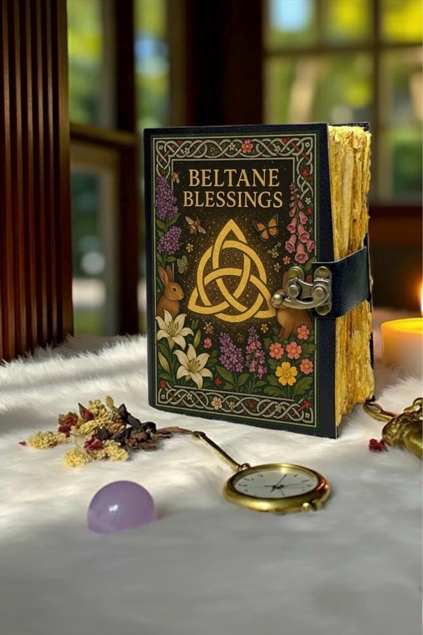 400 Page Large Beltane Blessings Grimoire leather journal, Pentagram Leather Journal, spell book of shadows Halloween Gifts For Him Her