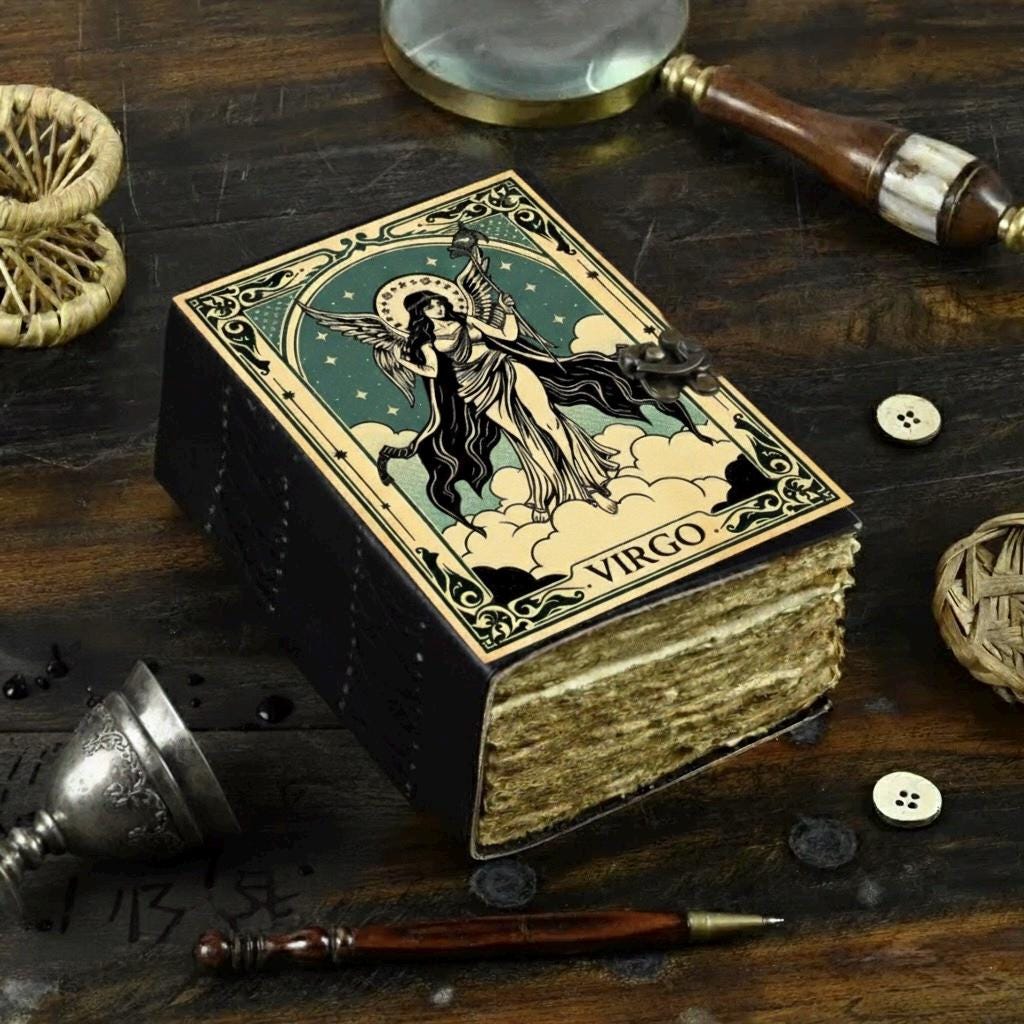 Virgo Book of Shadows Vintage leather journal, Zodiac Leather Journal, Blank spell Grimoire Diary Birthday Gifts For Him Her